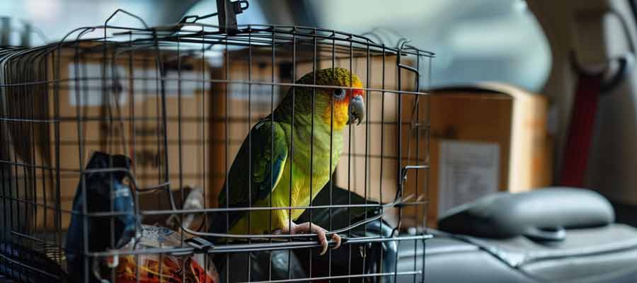 parrot in cage in car