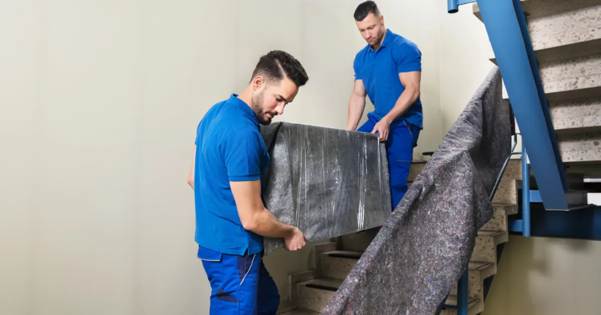 fragile furniture being carried down staircase by professional movers in denver